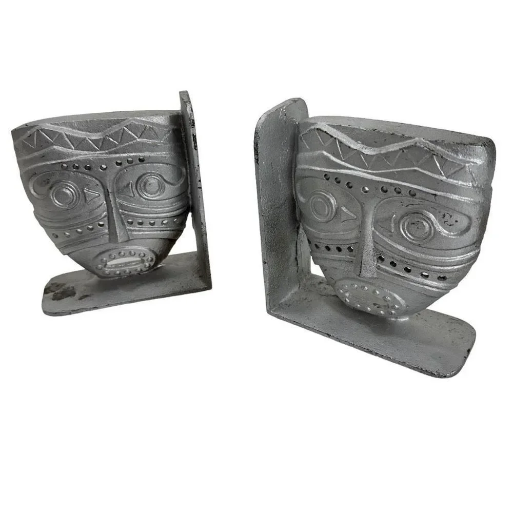 Tiki Mask Inspired Cast Iron Metal Bookends